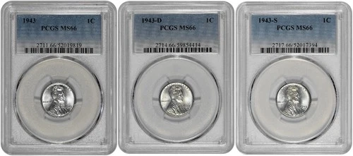 1943 P D S 1c Lincoln Steel Wheat Cent PCGS Graded MS 66 Three Coin Lot