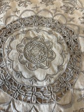 Set 3 Vintage Linen Embroidered Cutwork Round Cushion Covers Cream Cottagecore