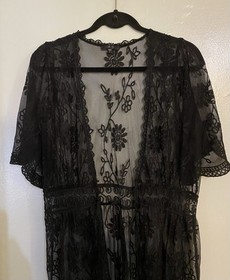 Sexy IRIS Black Lace Kimono Duster Short Sleeve Mid Calf Lady&rsquo;s Cover-up Size L