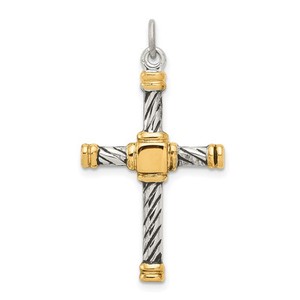 Authentic Antiqued Sterling Silver & 18k Gold-plated Latin Cross Charm Pendant 1.22 Inch