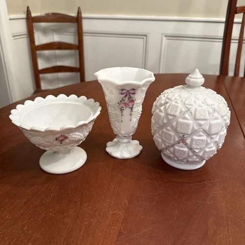 VTG Lot Of 3 Westmoreland Hand-painted White Milk Glass Vase Covered Candy Dish