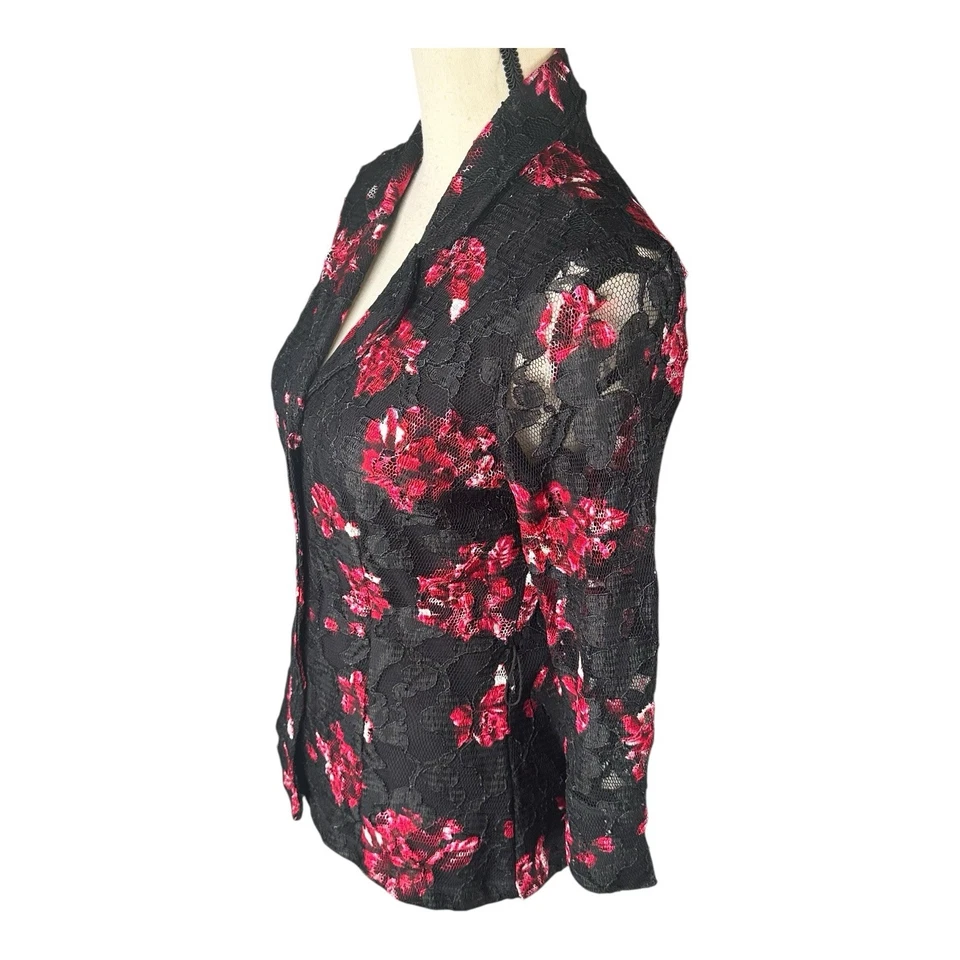 Chaqueta Blazer INC International Concepts Floral Rojo Negro Encaje Mujer’s Talla M Foto 3 de 4