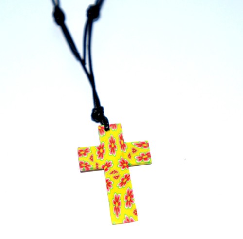 Rubber Cross Crucifix Pendant Floral Pattern Necklace On Adjustable Black Cord - Picture 3 of 7
