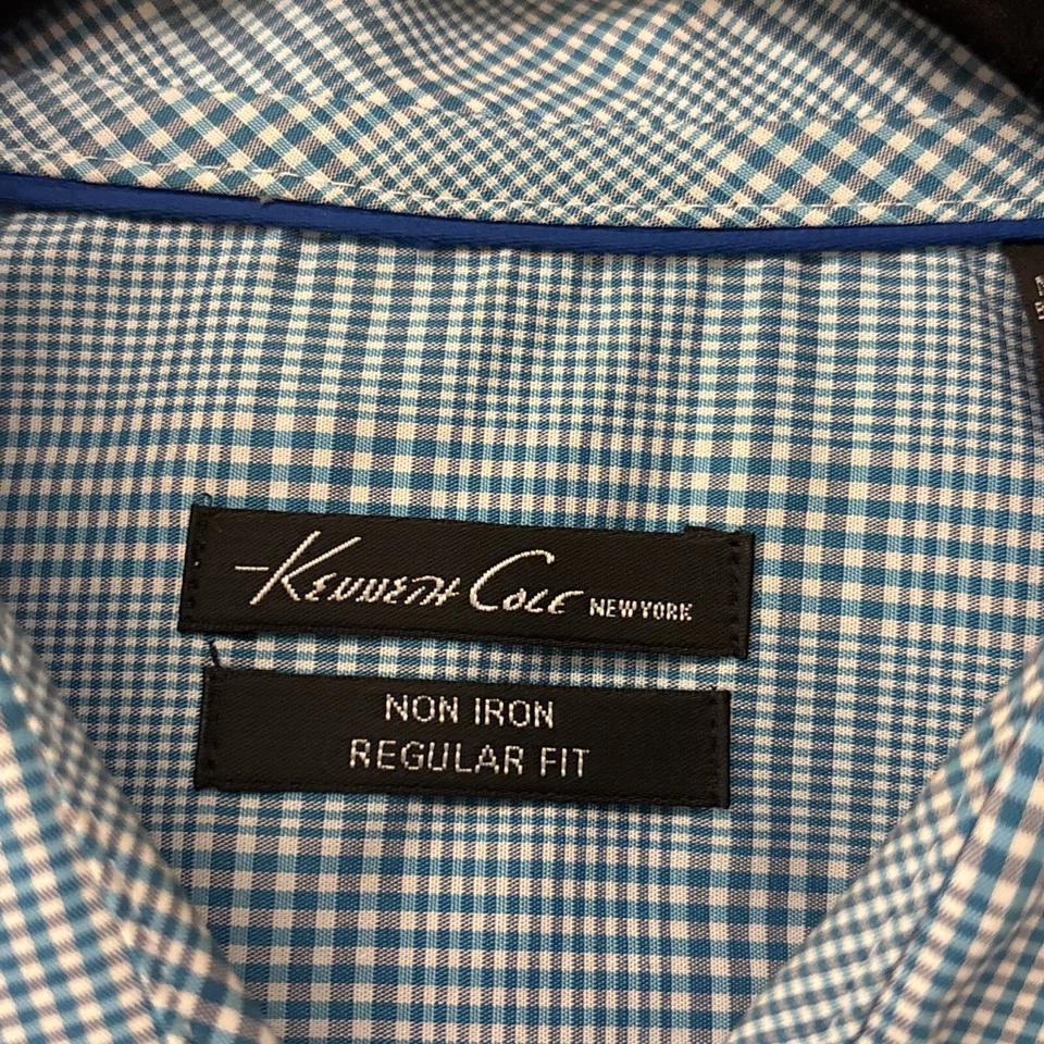 Camisa abotonada a cuadros verde azulado Kenneth Cole para hombre 17,5. 34/35. Camisa de vestir sin planchar Foto 4 de 4