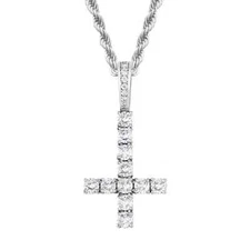 Inverted Upside Down Cross with Rope Chain Solid 925 Sterling Silver CZ Diamonds