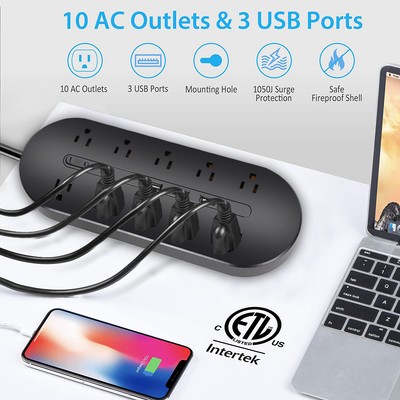 Wall Mountable USB Surge Protector Power Strip with USB Ports Plugs