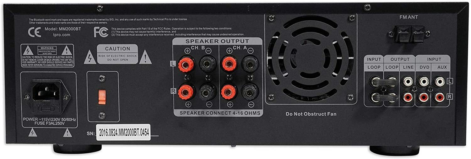 Technical Pro MM2000BT Bluetooth Microphone Mixer Amplifier – 2000W Peak, 6 Mic Inputs, USB/SD, Karaoke Amp