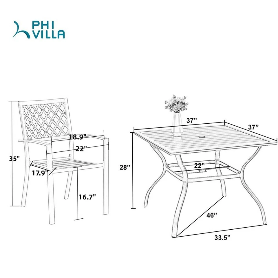 Juego de comedor de patio de 5 piezas mesa cuadrada de metal con silla apilable exterior resistente Foto 3 de 4