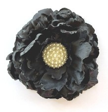 Large 6" Deluxe Jet Black Peony with Pearl Cabochon Silk Flower BROOCH PIN