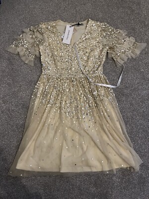 Amelia rosa gelb Streupailletten V-Ausschnitt Kleid Größe UK 10 UVP £130 neu mit Etikett neu