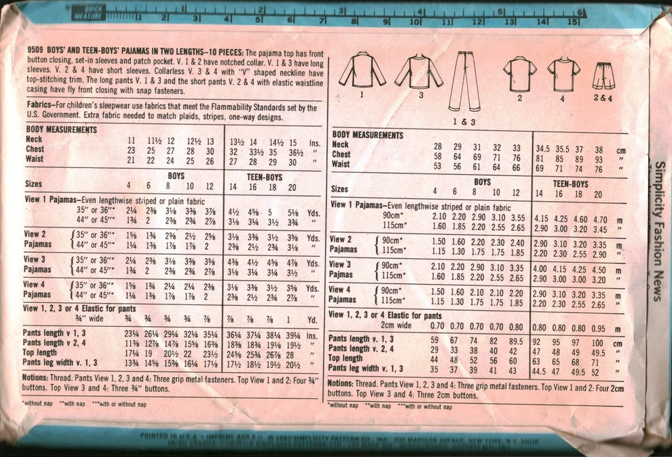 9509 Vintage Simplicity SEWING Pattern Boys Pajamas Shirt Shorts Pants OOP Sew  - Image 2 of 2