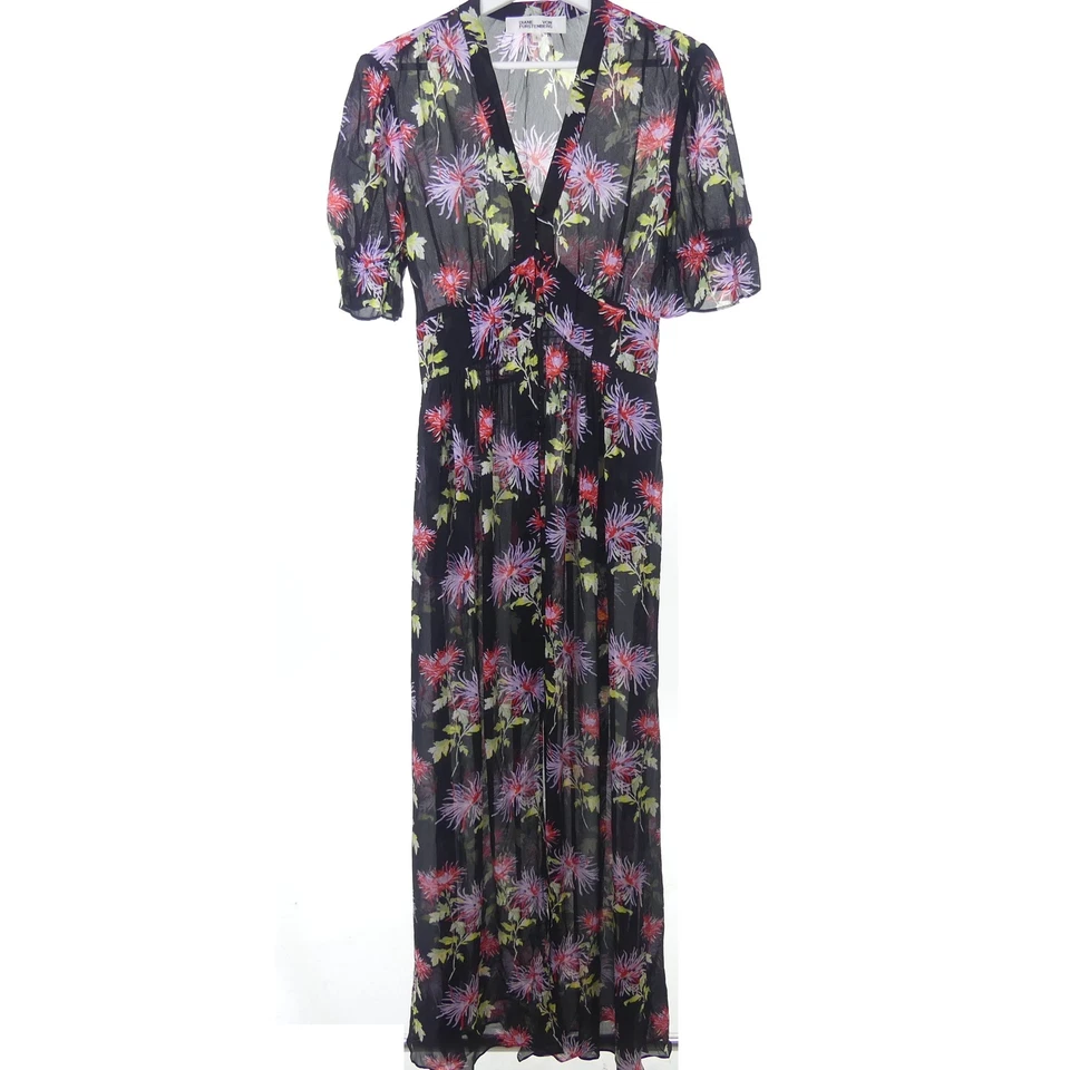 DIANE VON FÜRSTENBERG Maxi Kleid Blusenkleid Schwarz Bunt Blumen Gr. 6 36 - Bild 1 von 4