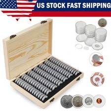 100 pcs Coin Capsules Storage Box with Wooden Case Holder Collection Display USA