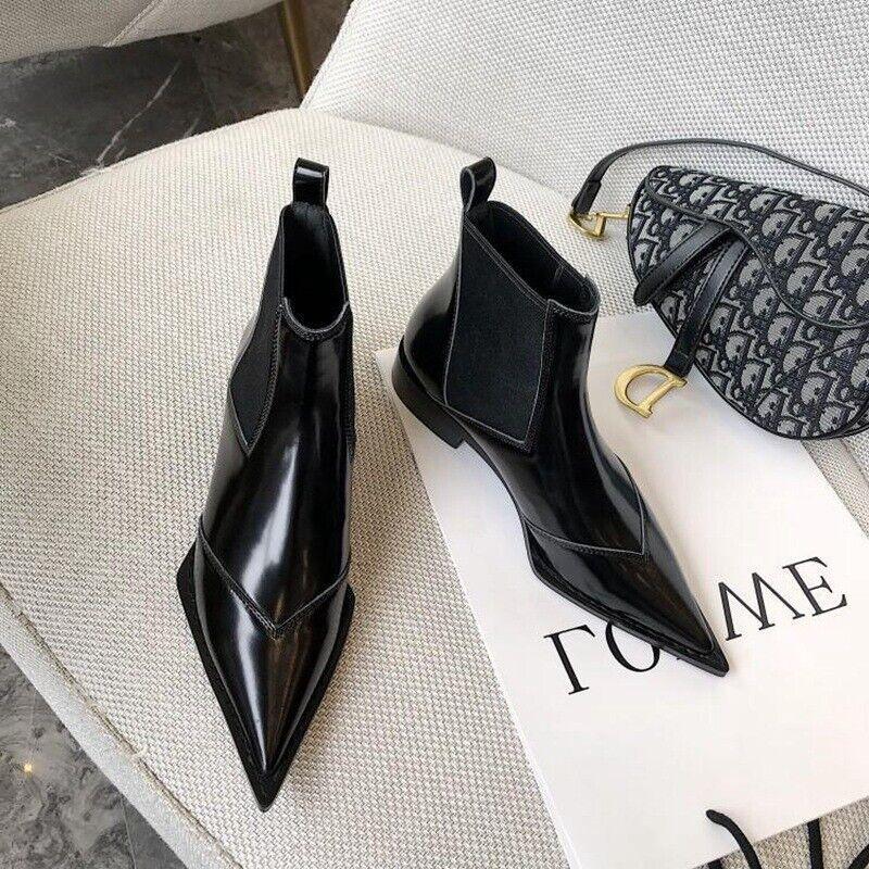 Womens Fashion Pointed Toe Chelsea British Style Flat Pull on Casual Short Boots