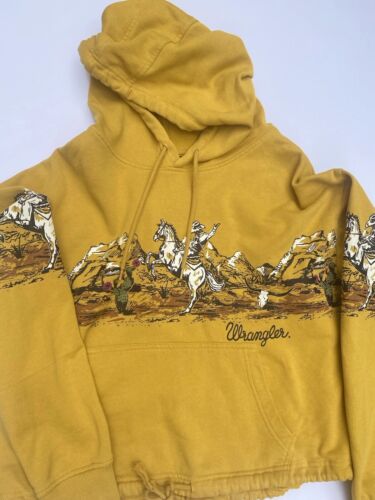 Wrangler Retro Hoodie Womens Medium M Yellow Cowboyl All Over Print Cropped - Picture 2 of 22