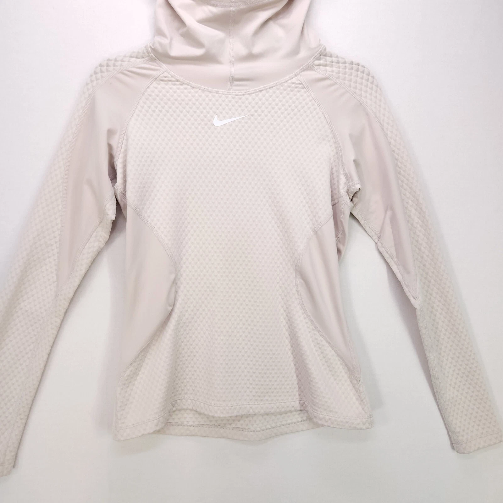 OFF WHITE Nike Pro Hyperwarm maglione donna piccolo con cappuccio beige panna collo cappuccio