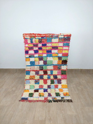 Checkered Vintage Rug Moroccan Berber Runner Colorful Boujaad Handmade Rug 3x5