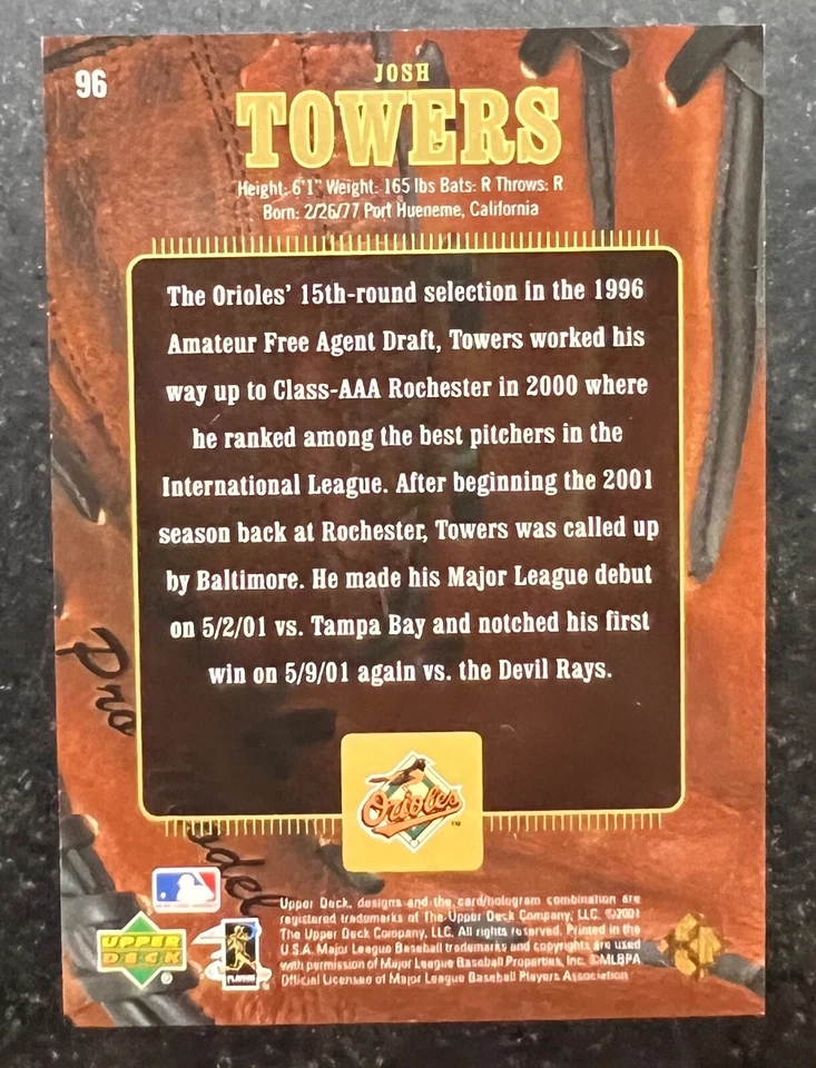 2001 Upper Deck Gold Glove Josh Towers Golden Debuts #96 980/1000 - Image 2 of 2