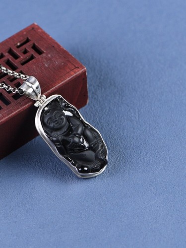 I05 Pendentif Buddha Maitreya C Noir Obsidienne Sterling Argent 925 - Imagen 5 de 8