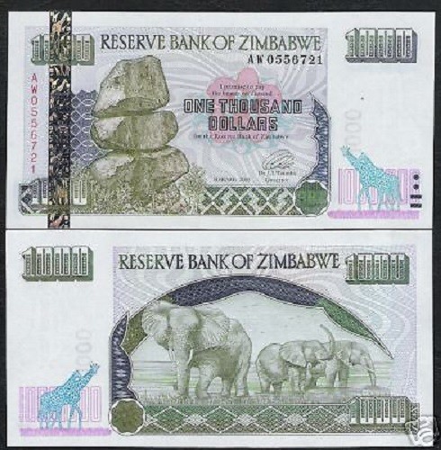 ZIMBABWE 1000 DOLLARS P-12 2003 Rare AW REPLACEMENT ELEPHANT ZEBRA UNC BANKNOTE - Picture 3 of 5