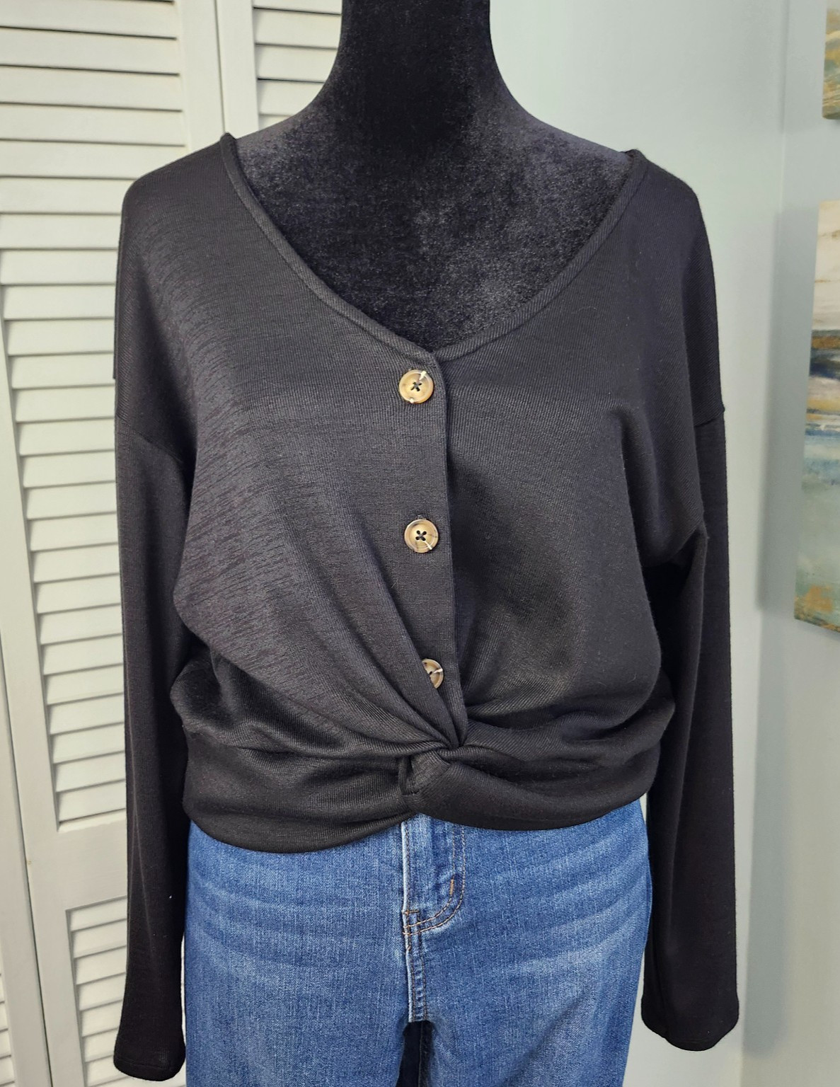 June & Hudson Top Black Small Cropped Twist Front Button V Neck Casual