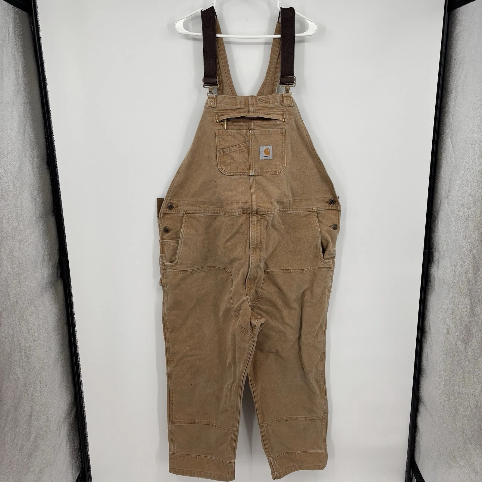 Carhartt Overalls Work Wear Outdoors Pockets Adjustable Strap Brown 50x30 Mens