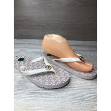 Michael Kors Flip Flops 8M MK Logo Signature Thong Sandals Gold White