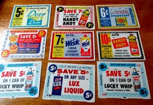 Lot of 9 1950's Product Coupons  Dove Lux Lucky Whip Wisk Handy Dandy Lux