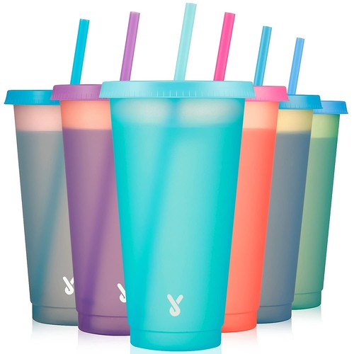 Plastic Cups with Lids and Straws Bulk - 6 Pack 24 oz Color Changing Reusable...