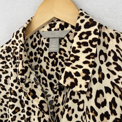 H&M Blouse Womens 8 Leopard Print Cheetah Animal Button Up Sheer Brown