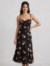 Women’s S Black/Orange Floral Midi Slip Dress Sweetheart Neck Adjustable Straps