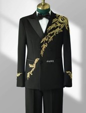 Luxury Black Men's Suits Gold Applique Wedding Tuxedo Evening Party Prom 2pieces