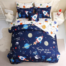 Blue Space Rocket Twin Comforter Set - 8 Piece Bedding for Kids