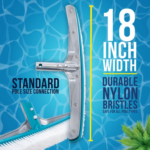 18" Aluminum Wall & Floor Swimming Pool Brush w/ Nylon Bristles & EZ Clip Handle - Picture 3 of 5