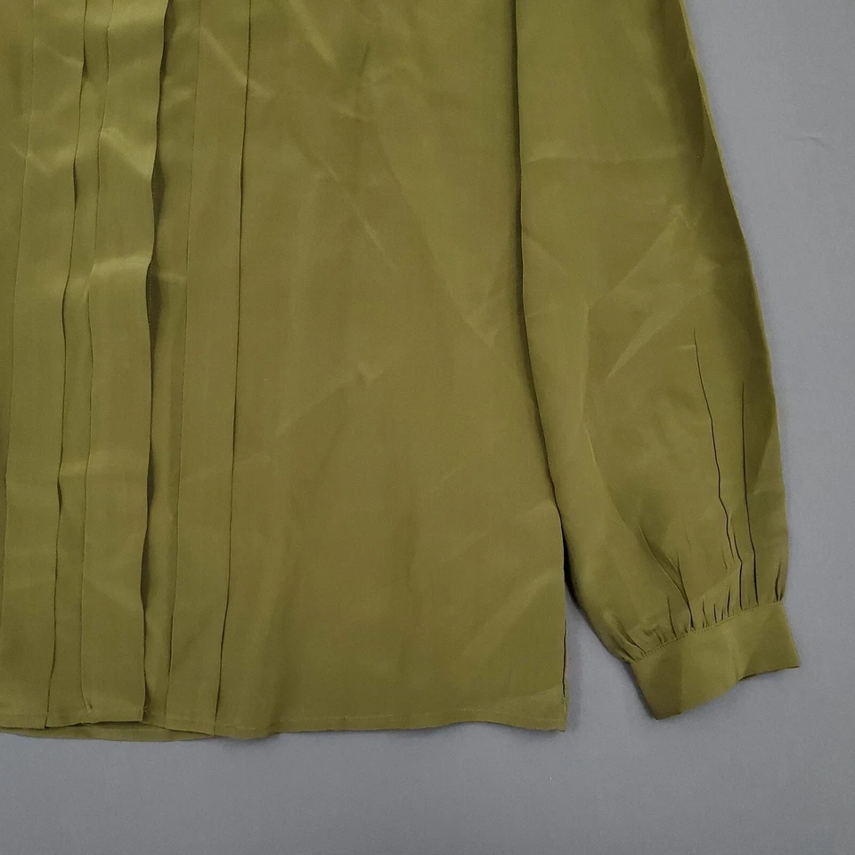 VINTAGE Spiegel Blouse Womens 12 Long Sleeve 100% Silk Button Up Pleated Green * - Image 4 of 4