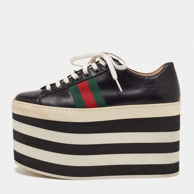 Gucci Size 36 Black Leather Peggy Web Detail Platform Sneakers
