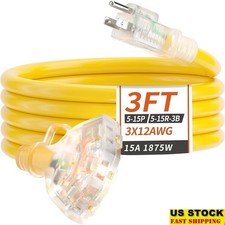 Heavy Duty Outdoor Extension Cord 3 Way Splitter 12 Gauge Weatherproof 15A 125V