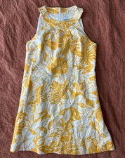 J. McLaughlin Floral 100% Linen Halter Dress Yellow White Size 10 Lined Sundress