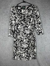 Lauren Ralph Lauren Dress 8 Black White Floral Ruched Faux Wrap Sheath Cocktail