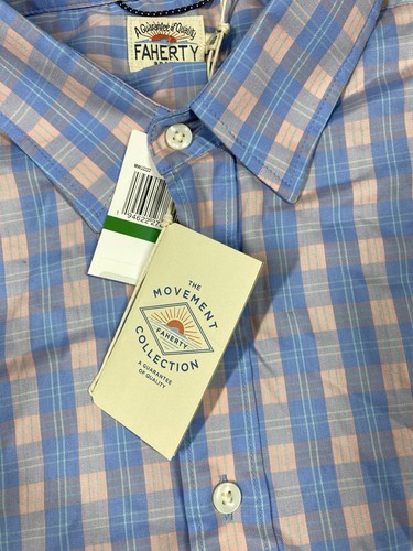 New Faherty The Movement Shirt Men’s L Blue Plaid Gingham Preppy Stretch - Picture 3 of 12