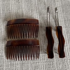 Vtg Tortoise Shell Side Comb Hair Barrettes Lot Made In France Updo Clips Set