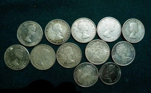 Canada 50 Cent SILVER Half DOLLAR lot 1957 TO 1967 11 SILVER 80% COINS