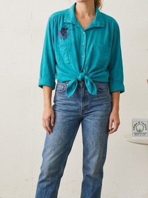  Vintage Aries & Taurus Turquoise Crinkle Cotton Kokopelli Tie Front Top Size 2