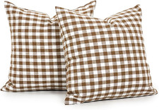 Farmhouse Brown and White Gingham Plaid Pillow Covers 18x18 Set of 2, Khaki Chec