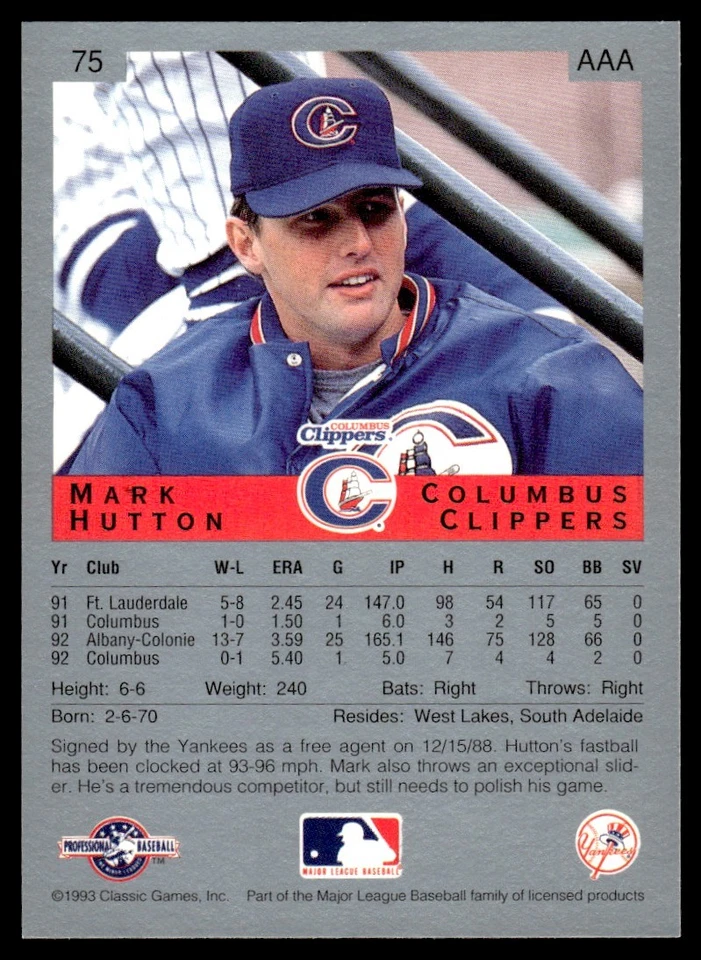 1993 Classic Best Mark Hutton Columbus Clippers #75 - Image 2 of 2