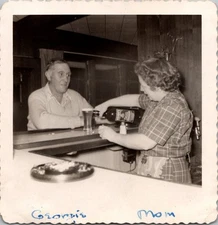 Vtg B&W Photo 1951 Man Woman Bar Drinks Dinner Whiskey Beer Ashtray Home Family
