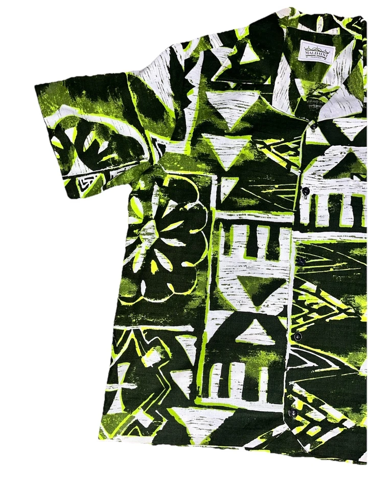 Camisa De Colección Años 60 70 Malihini Hawaii Aloha Tela de Corteza Tiki Tribal Verde Negra S/M Foto 4 de 4