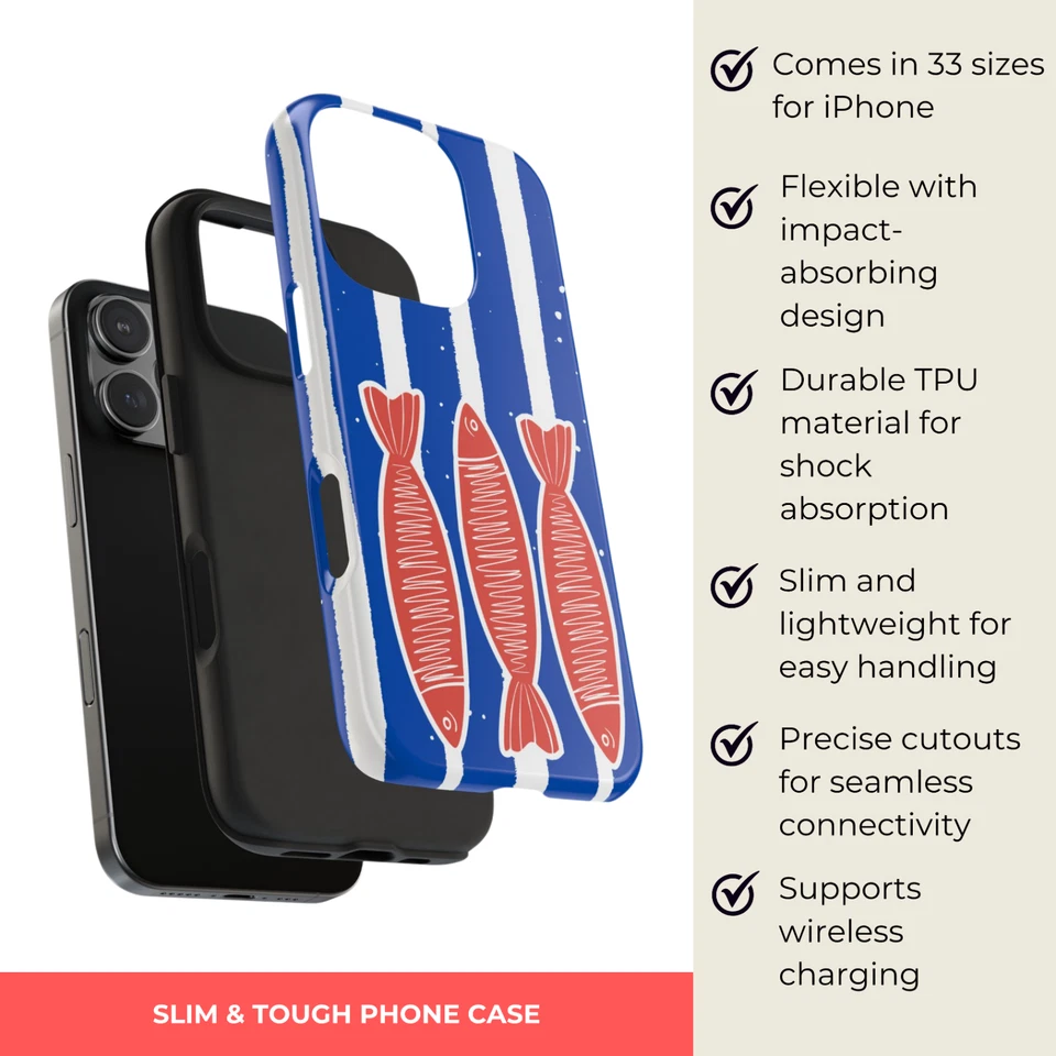 Funda Teléfono iPhone y Samsung Galaxy Tema Náutico Peces Rayas Azules Foto 2 de 4