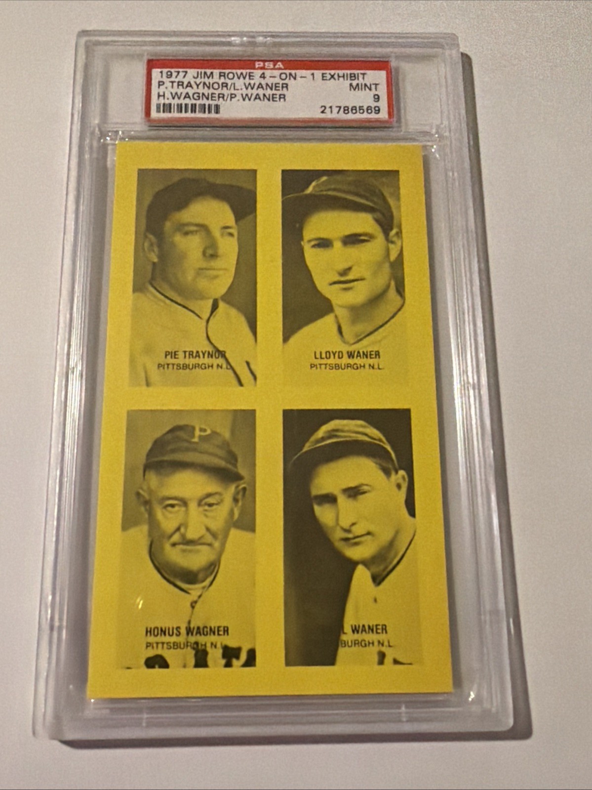 1977 Jim Rowe 4-On-1 Exhibit HONUS WAGNER PIE TRAYNOR PAUL & LLOYD WANER PSA 9