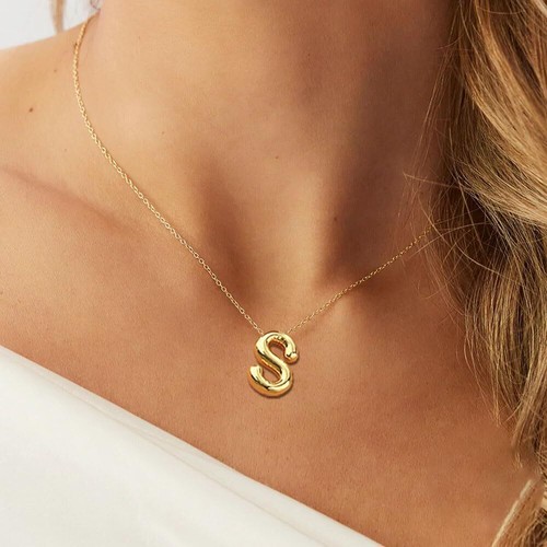 Gold "S" Initialen Halsketten für Frauen Teens Geschenke Trendy Blase Buchstabe Anhänger - Bild 3 von 6